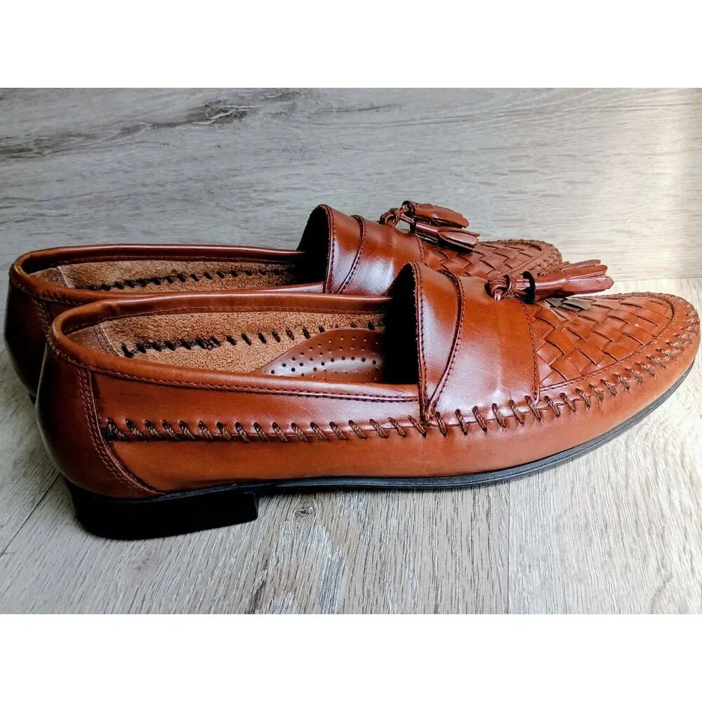 G.H. Bass & Co Leather Loafers Brown Men's 9M Tasseled Slip-on Blocky Heel Shoes